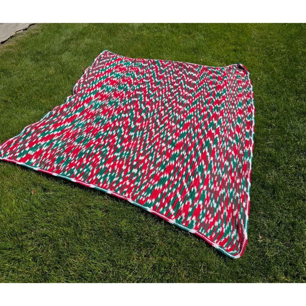 Handmade Crochet Christmas Blanket Red Green White Variegated Afghan Throw 84x64